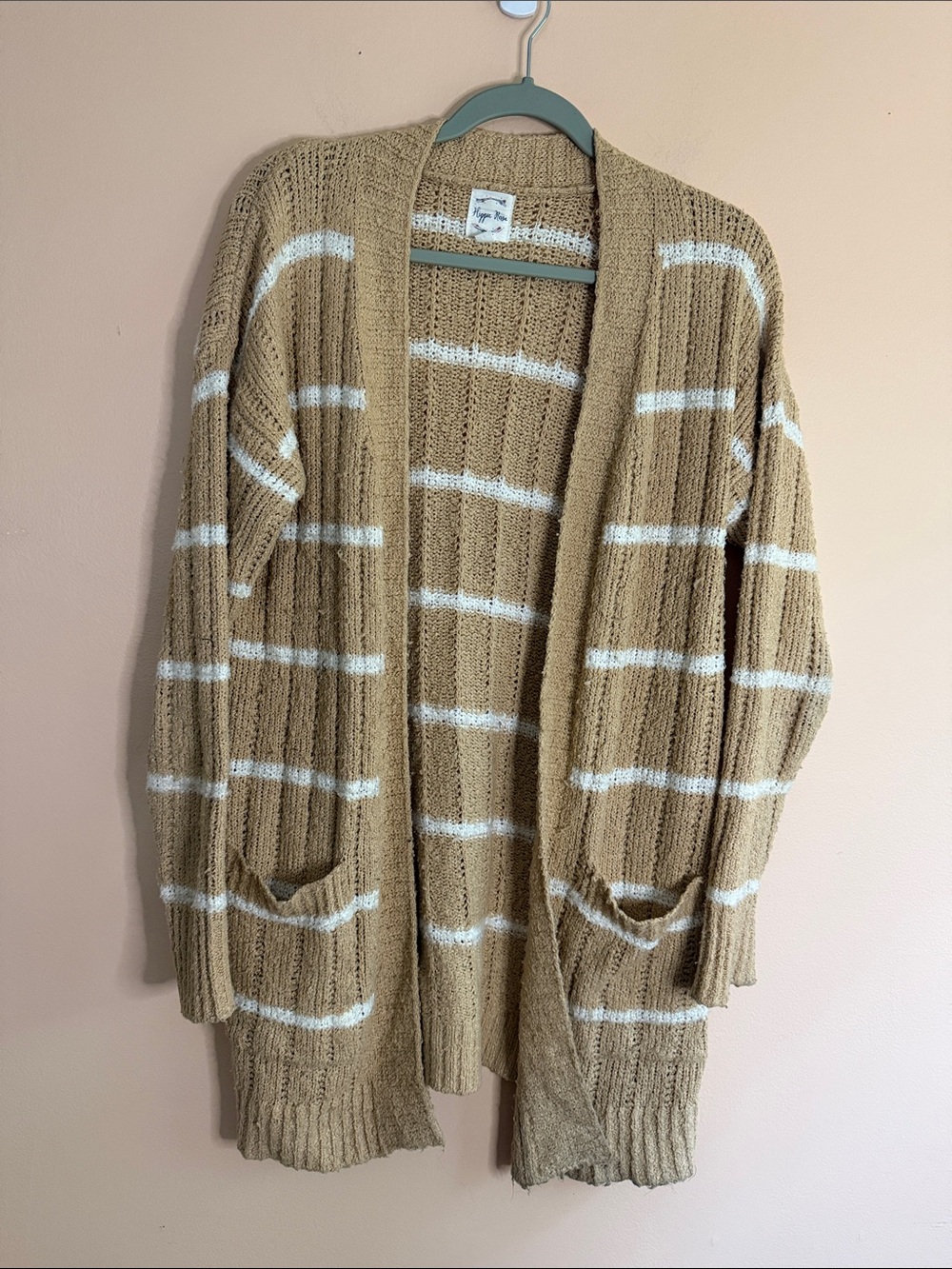 Hippie Rose Striped Open-Front Cardigan in Camel and White